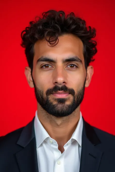 a man Formal passport ID photo, facing camera, wearing formal suit, red background, balanced fill soft light, professional, curly hair, without moustache, short neck, thick clean beard