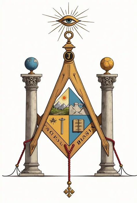 A Masonic coat of arms, in which there should be, two columns joined by a red cord, the left column labeled with the letter J and the right labeled with the letter B, above the column J terrestrial sphere, and the column B above it holds celestial sphere o...