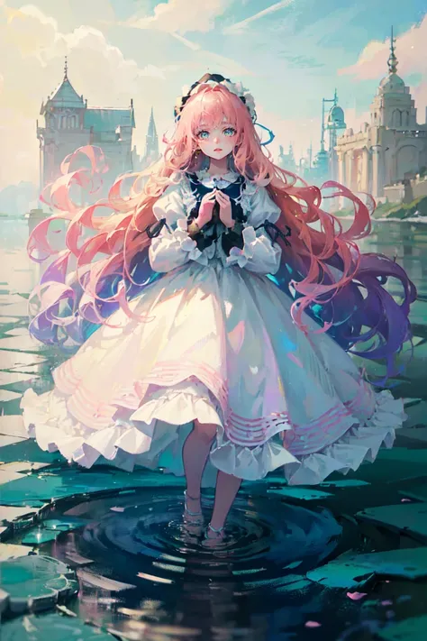 Front View of a person, Full-body Shot of a person, standing on the surface of water in 4K resolution, around 20 years old, (one female), smiling, (light pink hair:1.0, fluffy hair:1.0, long hair:1.0, half-up style:1.5 (light blue and light purple eyes:1.0...