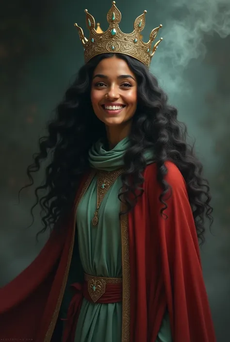 Make me a realistic image of a slightly dark-skinned woman, Muslim, very long hair, knee length hair, curly hair, Black hair. brown eyes. Eyes fixed forward, happy woman. Hands lowered to the sides of the body. She wears a light green tunic, a red cloak, r...