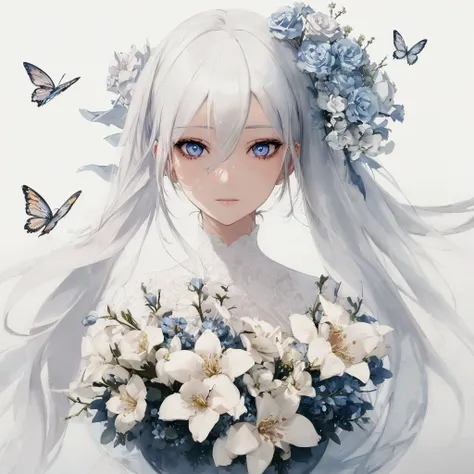 anime girl with white hair and blue eyes holding a bouquet of flowers, artwork in the style of guweiz, guweiz, guweiz on pixiv artstation, guweiz on artstation pixiv, a beautiful artwork illustration, beautiful digital illustration, anime styled digital ar...