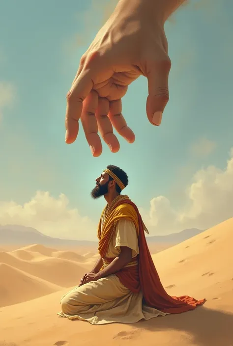 Create an image of a kneeling man in ancient Hebrew clothing,in the background a desert with dunes,a giant hand touching the back of the man who is kneeling 