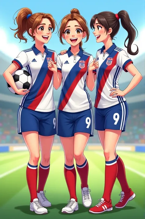 3  girls, one brunette and two white girls, smiling in the uniform of the Russian football team of the year 2021. the. White polo colors with red and blue stripes., short azul. With white stripes, red socks with white stripes, The girl. You should have one...