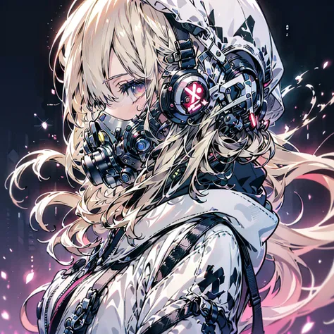 One Girl、(((Best Quality、masterpiece、Official Art、Very detailed、Anime Style、Best dynamic composition、profile、Perfect Anatomy)))、Headphones、hoodie、Vibrant colors、neon、White background、Gas mask、Gorgeous floral frame、Electronics Background、