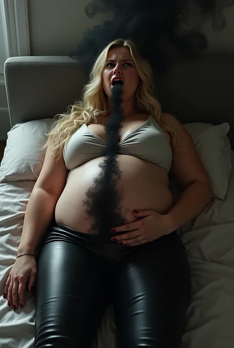 A  blonde curvy woman laying on the bed. Shes wearing leatherpants and a satain blouse. she has dark red nails. She has a big booty and big breasts. Shes pregnant. She looks very scared with mouth wide open. A Black smog Fontaine is coming directly out of ...