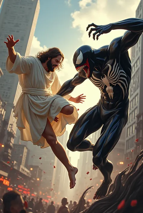 The Jesus give flying (kick) to venom who attacked on city. 