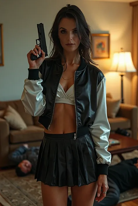 wide depth oF Field, wide depth oF Focus, F/11 lens settings, all objects in Focus, Full color image, woman with gun, holding a Glock pistol, living room background, Full body image, (black and white short cropped soFt shiny satin bomber jacket),  Zippered...