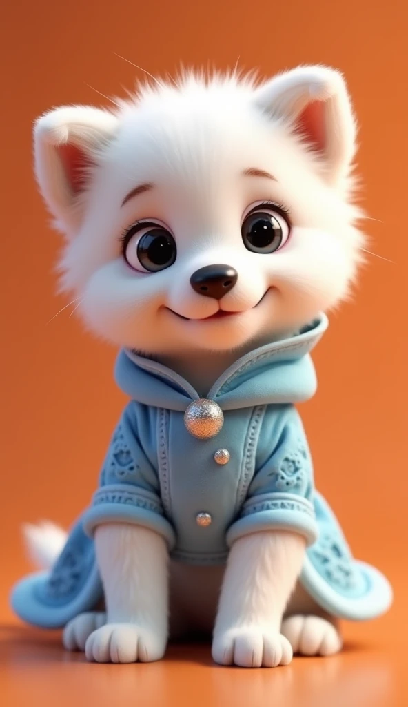 A extremely masterpiece 8k 3d animation image of a very cute white dog baby wear a very beautiful blue winter dress and his eyes is scattering with glow and orange background 
