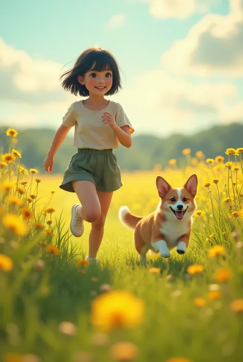 (photorealism:1.2), (((masterpiece))), 1 girl, ((2 average height girl)), short dark bob hair, cute smile, ((short top)), ((skirt)), running through a summer field, a corgi running after a girl, a corgi without a tail, tailless corgi, sunny weather