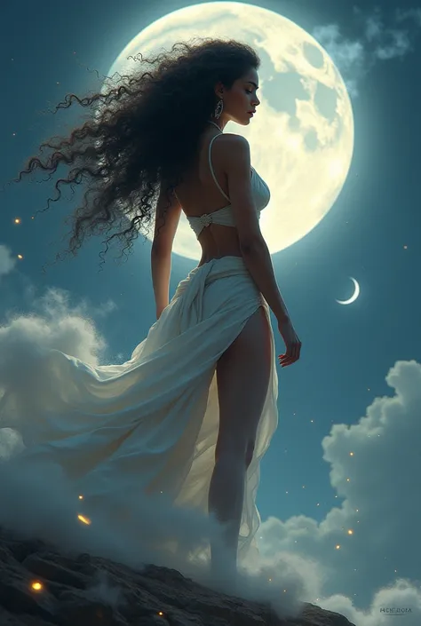 create a black tanned girl with long curly hair,  moon goddess 