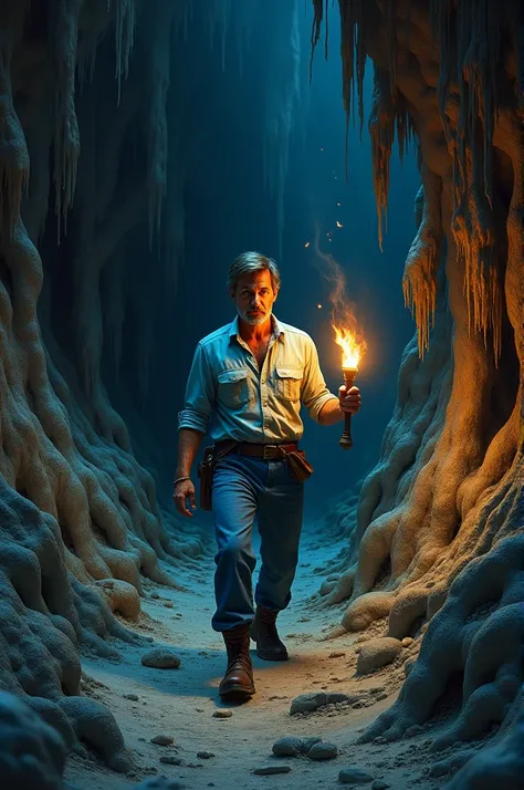 A man in a light blue shirt with blue pants and black boots carrying a torch in a dark cave dark fantasy 1980