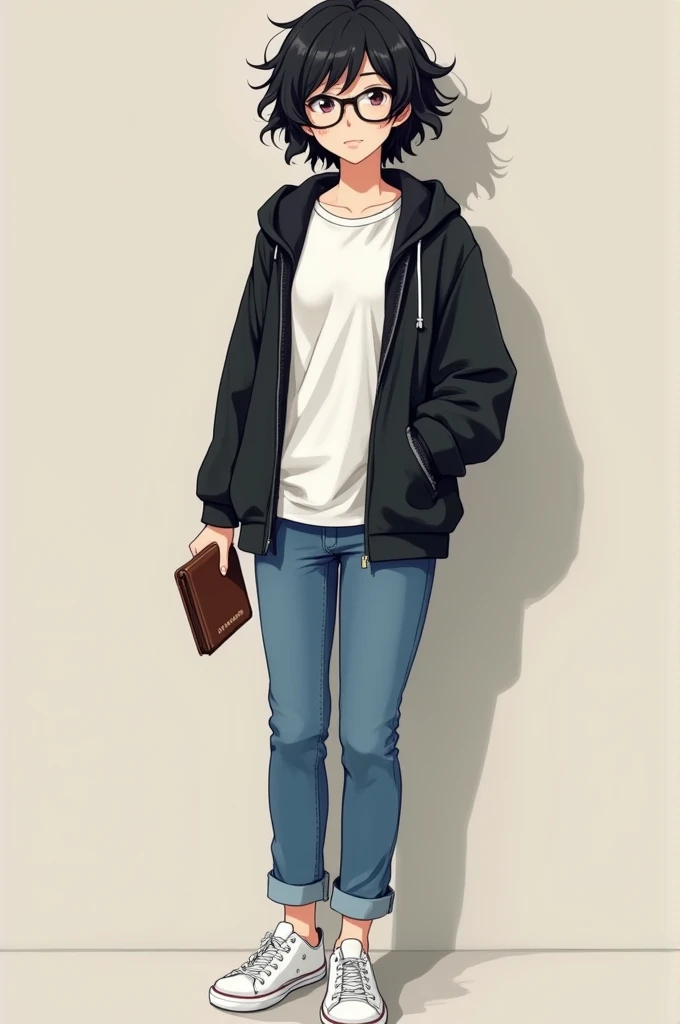 A beautiful woman with a height of 1.46, white tea, with glasses, thin and short black curly hair at the corners of the head, white shirt, black sweatshirt and blue jeans, white tennis shoes and a wallet in his right hand. 

Anime version 
