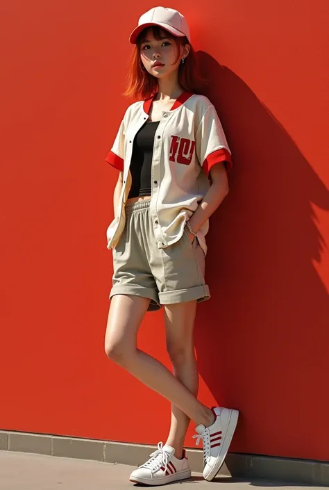 Beautiful Japanese woman in her 20s、Long face、Sharp Eyes、Eye Makeup、Freckles、Clear skin、Permed red medium length hair、Straight bangs、Wearing a cap、Tank tops、Jersey、sneakers、Earrings、Red Wall。