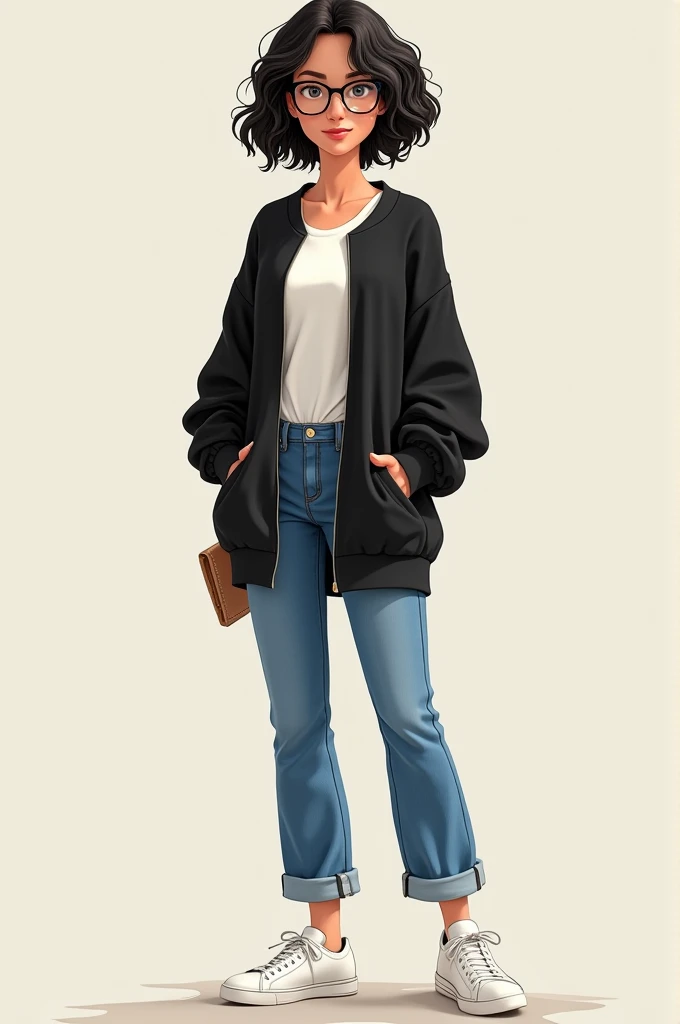 A beautiful woman with a height of 1.46, white tea, with glasses, thin and short black curly hair at the corners of the head, white shirt, black sweatshirt and blue jeans, white tennis shoes and a wallet in his right hand. 

animated version
