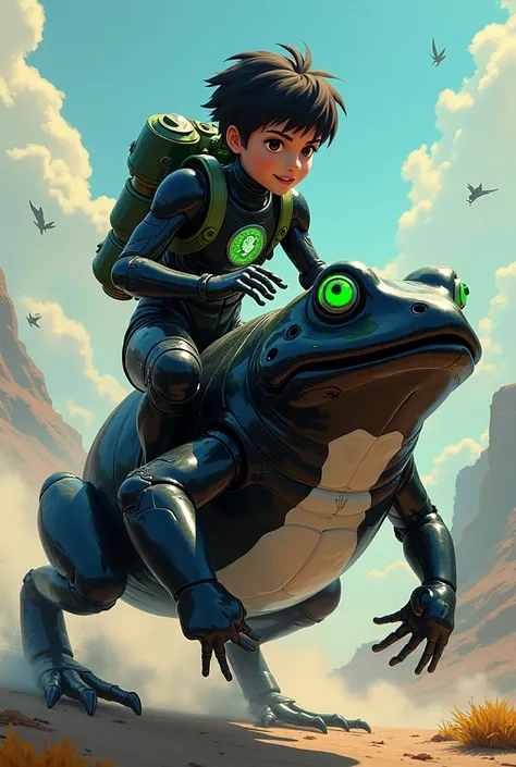 young mexican, 15 years, by black, futuristic armor, green and white, hull, lion head, rocket backpack, riding black frog with white, giant, anime