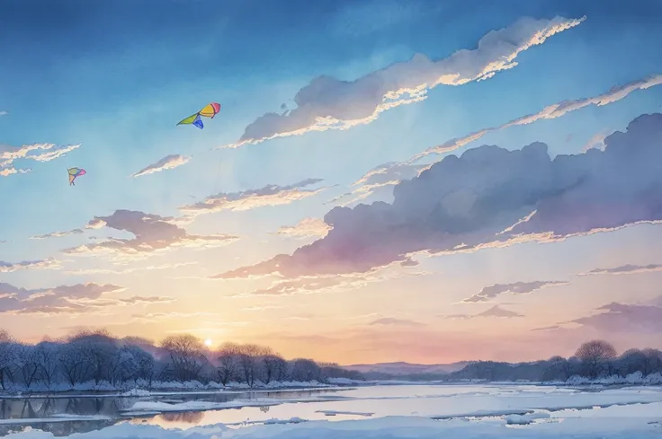 High detail, Super detailed, Ultra-high resolution, Winter Sky, Light color, Kite flying, Fantastic colour usage, watercolor, Transparency, Flat texture, cute.