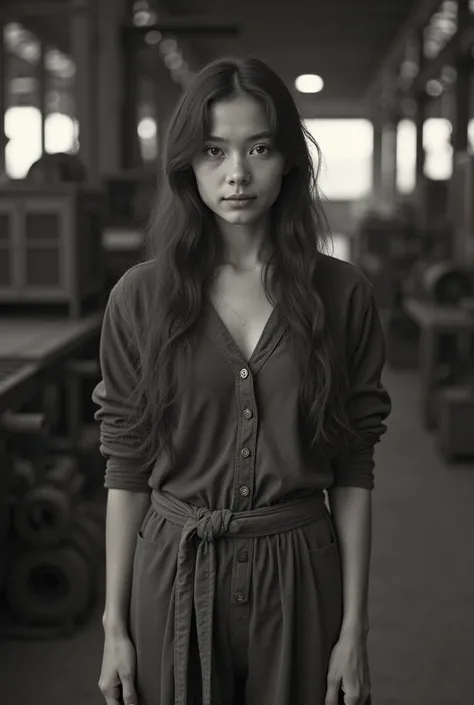 girl, 24 years, belonging to the lower class, Long wavy hair, dressed in long clothes, black and white photo style, taken with old camera, factory employee, year 1901