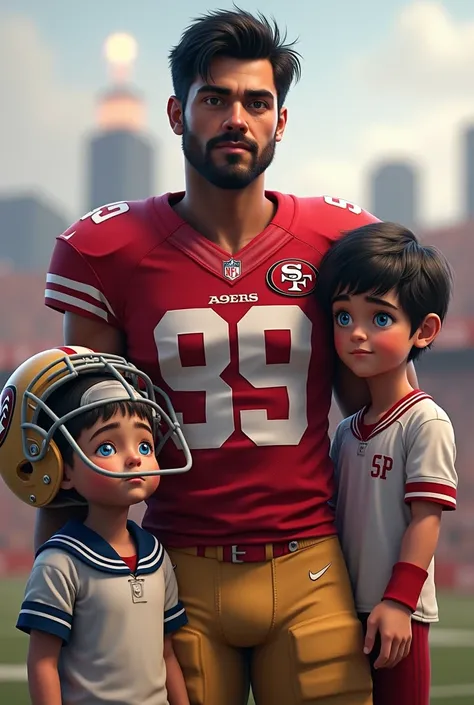 Please, create a realistic image of a man with blue eyes and black hair, 3, american football player, dressed in the San Francisco 49ers uniform, next to a boy from , also blue-eyed and also black-haired wearing a sailor-style t-shirt.