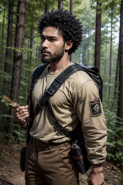 black skin color afro male character, brown eyes, short black curly hair cut on the sides, short black beard, wearing brown mechanic pants, a black t-shirt, a brown aviator jacket on top, carrying a military backpack on his back, on the side of his back a ...