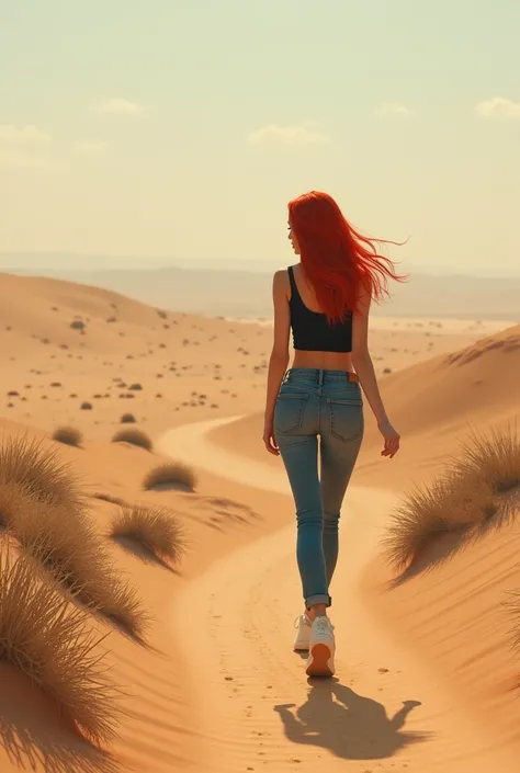 Femme très mince avec cheveux rouges et mi longs de dos marchant sur un chemin dans le désert habillée en jean basket et haut noir