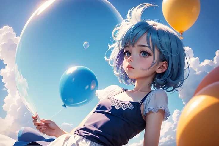 High detail, Super detailed, Ultra-high resolution, blue sky, Light color, balloon, Fantastic colour usage, watercolor, Transparency, Flat texture, cute.