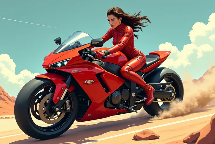 Known as a monster bike「Kawasaki Ninja H2」A tall beautiful woman wearing a bright red pilot suit riding。Flowing Background、moving line、Speed、