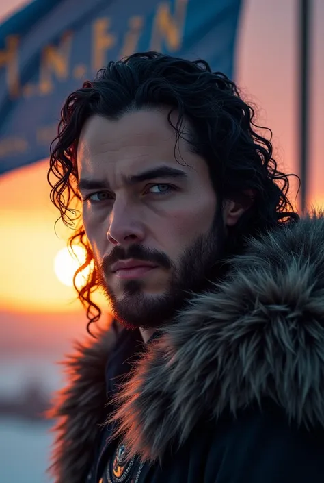 Jon Snow&#39;s headshot, with the blue banner written S.IN.n. and the sunrise in the background.