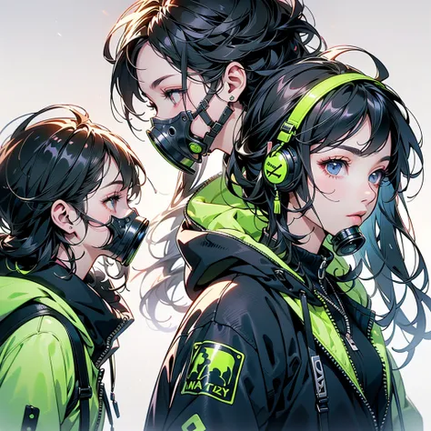 One Girl、(((Best Quality、masterpiece、Official Art、Very detailed、Anime Style、Best dynamic composition、profile、Perfect Anatomy)))、Headphones、hoodie、Vibrant colors、neon、White background、Gas mask、Gorgeous floral frame、Electronics Background、Cyberpunk clothing、