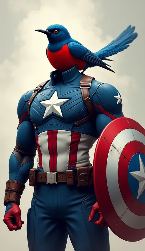 Captain America and the blue long-tailed magpie robin, red chest, black long beak. Perched on Captain America&#39;s back 