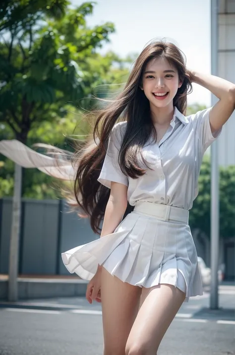 1girl, thai university uniform, hyper-realistic, white plain short-sleeve button up shirt:1.2, Dark blue pleated midium skirt:1.4, silver shirt buttons:1.2, silver minimal plain plate belt buckle:1.2, black long straight messy hair:1.2, masterpiece, best q...