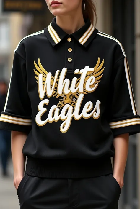 Create a super detailed baseball style percussion sweater in black and dark gold with white detailing that has a button-down collar and short sleeves and has the word White Eagles and a cool graffiti style eagle on it.