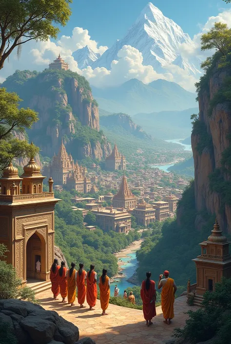 Prompt: "A vibrant landscape of ancient India with Gurukuls and grand universities scattered across, from the northern mountains to the southern coastlines, showing teachers and students studying under trees and in temples."