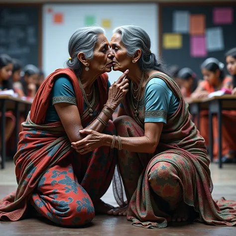 (Masterpiece),(8K),(High Quality),In girls school class room,Infront of girls students,Two Indian 70 years old grandmas kissing,wearing red saree,breast taken out from saree,aged breast,saggy,ass exposed,granny ass,granny vigina,granny breast,