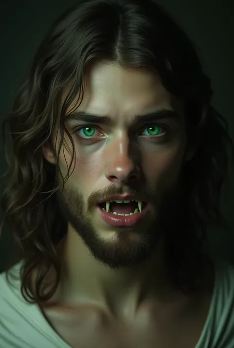 Young Jesus Christ with vampire teeth and green eyes