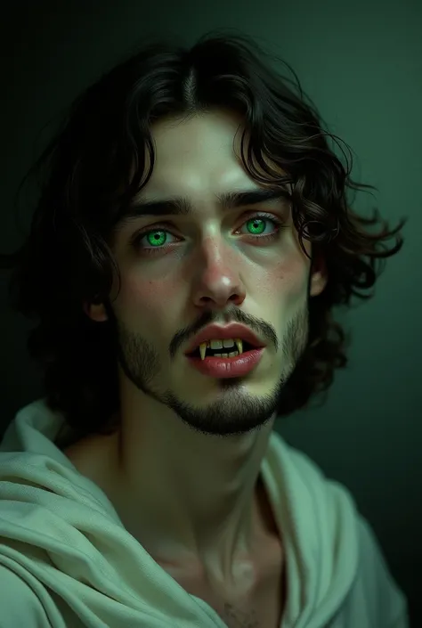 Young Jesus Christ with vampire teeth and green eyes