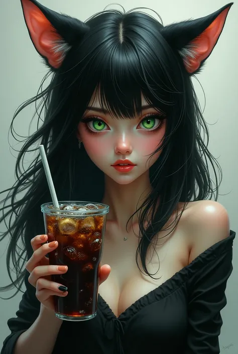 Black haired girl, green eyes, that shows the full body, that has feline features on its body, ears, whiskers, Teeth, cola