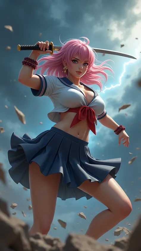 score_11, score_9_up, score_8_up, score_6_up, anime, adult woman, (japanese schoolgirl uniform), underboob, nipples, ((skirt lifted by a wind draft)), ((see genital part no underwear)), big breasts, swirl of air all around her, sword in one hand, storm bac...