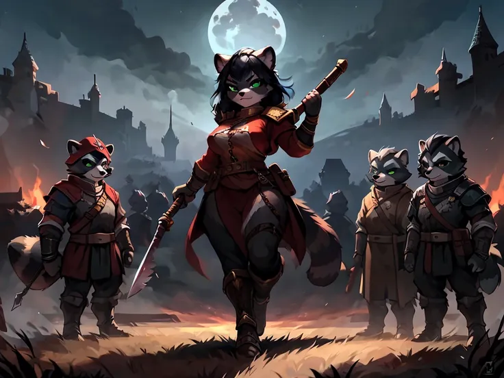 full body, battle ground background、full moon, a female raccoon, custom armor, night, medieval castle, very detailed, masterpiec...