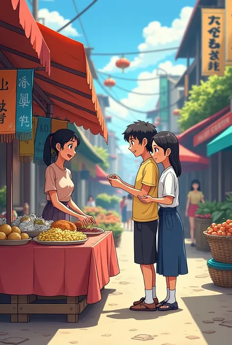 create two people in front of a vendor holding a cloth anime easy to draw 

