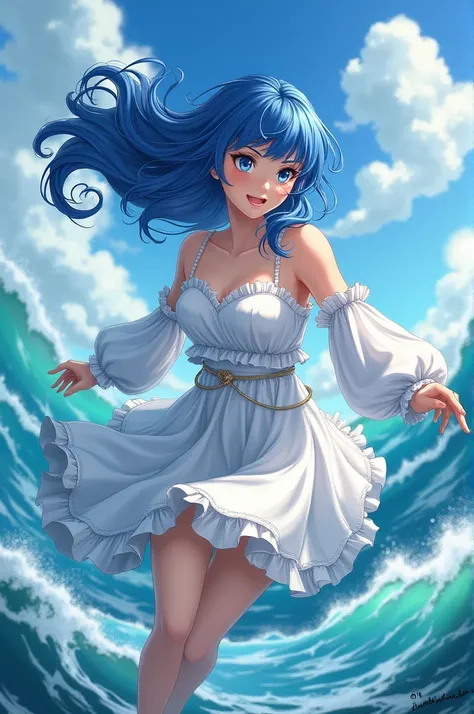 Blue haired goddess of waves in white dress is in battle with green haired goddess of wind in white dress