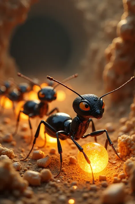 Show a line of excited ants, led by Buzzy, carrying the sugar crystals back to their colony. The ants should be working together, each carrying a small crystal, with a backdrop of a bustling ant colony.