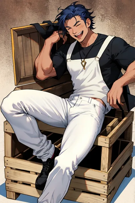 A male, muscular merchant with medium length dark blue hair sits on a wooden crate. He wears a tight black shirt, and baggy white pants. He is laughing, while showing his teeth. He is in a fantasy setting.