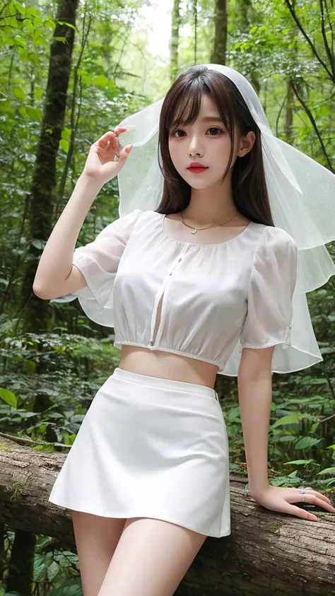 Glossy lips,White thin fabric blouse,White thin fabric ultra short mini skirt,In a fantastic forest,Like a fairy