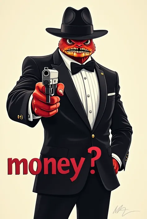 Create a 2D post of Mr. Crab wearing a gala suit and a fedora hat pointing a gun at the camera and have the post say: money?