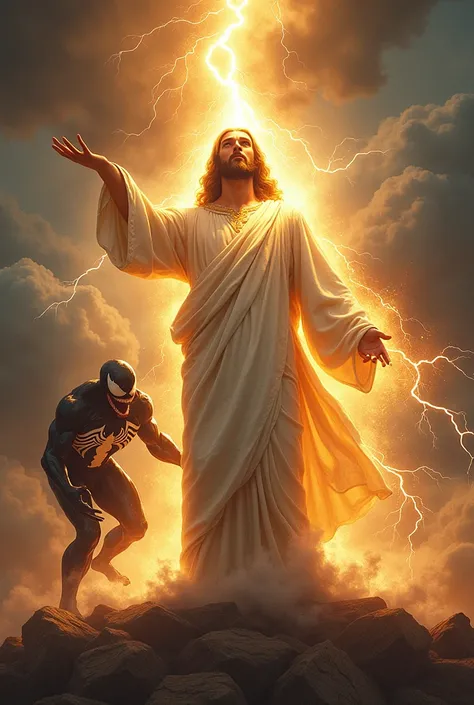 (Transformed Jesus standing tall with one hand raised toward the sky, summoning a powerful bolt of lightning from the heavens. The lightning crackles and descends, striking Venom with immense force. Jesus is depicted with a glowing, divine aura, symbolizin...