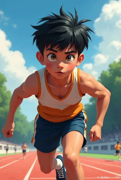 A  boy, medium height, with honey-colored eyes and black hair, who likes the sport of athletics. 
He trains very hard for athletics but faints.

