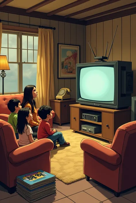 Illustrate a living room from the 1970s or 1980s with a large boxy television, an antenna, and a set of TV guides. The room should be arranged for family TV time, complete with classic furniture and decor."