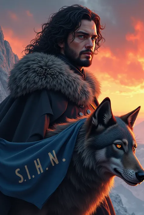 Jon Snow&#39;s headshot, with the blue banner written S.IN.n. your giant wolf and the sunrise in the background.