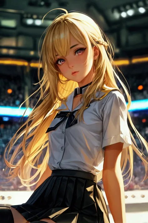 looking at spetactor, 1 college girl, solo, kharia, blonde hair, long hair, brown eyes, medium big chest, black thighhighs, school theater, skirt, 8k, uhd, hyper realist, cgi, high quality, perfect face, detailed eyes, full up_skirt, from bottom, bottom an...