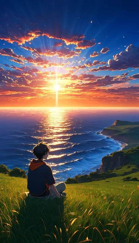 High quality, 8K Ultra HD. The image shows a boy sitting anime watching The terrifying ocean at sunrise from a grassy hill, with a background of vibrant blue sky and red and orange hues of the sun. anime art wallpaper 4k, arte digital de Shen Che-Tsai, pex...